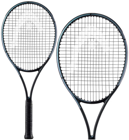 The image displays a pair of HEAD Gravity Team 2023 tennis rackets in black, both boasting tightly strung strings and a glossy finish. One racket is upright, while the other is angled slightly to reveal the side view. The focus is on their lightweight frames featuring innovative Auxetic technology.