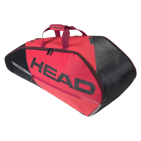 The HEAD Tour Team 6R Combi 6 Racket Tennis Bag in black and red prominently displays the "HEAD" logo on its side. It includes two red handles, a top zipper closure, spacious compartments for rackets, and climate control technology to safeguard your sports equipment and gear.