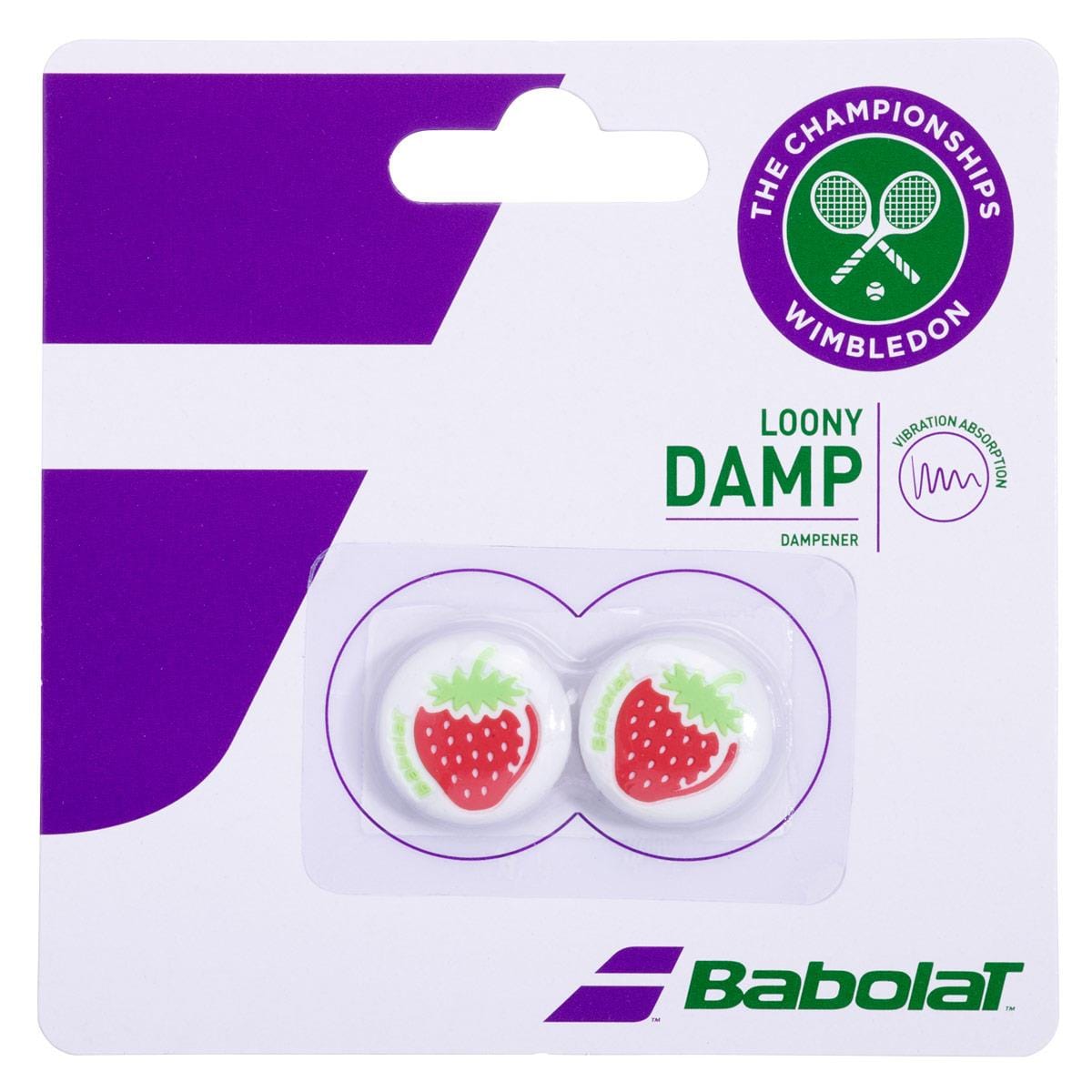 A package of Babolat Loony Damp Wimbledon Vibration Dampeners includes two fun strawberry-designed vibration dampeners. The packaging, featuring a purple and white background, showcases the Wimbledon logo at the top right as a symbol of quality against unwanted vibrations.