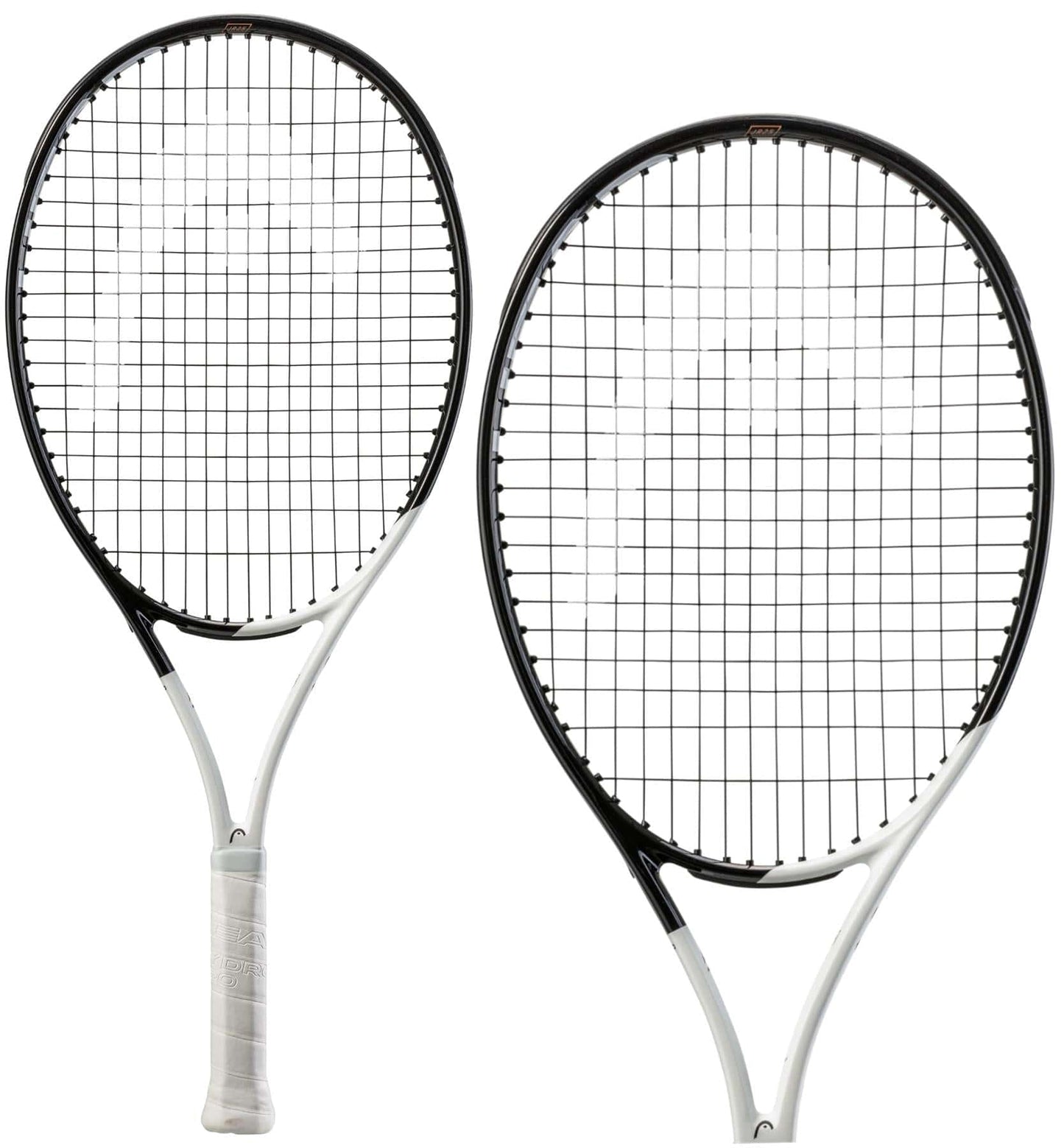Two HEAD Speed Junior 25 2022 tennis rackets, designed with auxetic construction and Graphene Inside technology, feature white handles and are arranged side by side against a simple background. The faces of these white and black rackets display their crisscrossed strings.