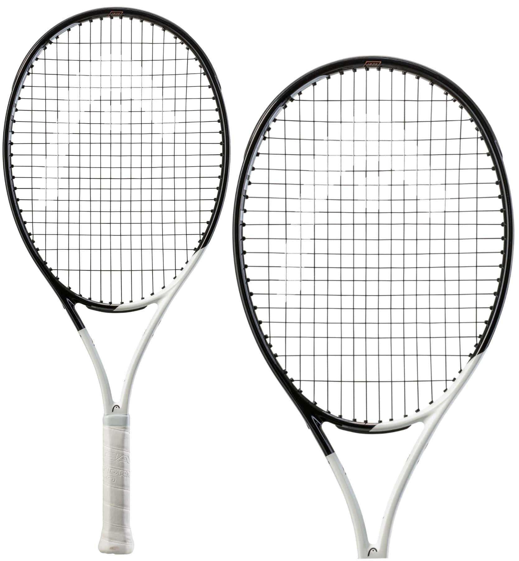 Two HEAD Speed Junior 25 2022 tennis rackets, designed with auxetic construction and Graphene Inside technology, feature white handles and are arranged side by side against a simple background. The faces of these white and black rackets display their crisscrossed strings.