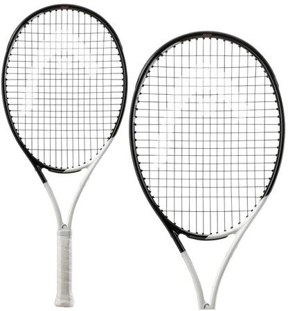 Two HEAD Speed Junior 25 2022 tennis rackets, designed with auxetic construction and Graphene Inside technology, feature white handles and are arranged side by side against a simple background. The faces of these white and black rackets display their crisscrossed strings.