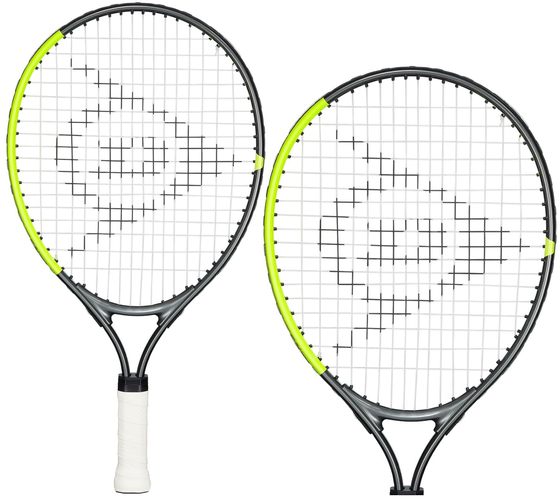 Two grey and neon yellow tennis rackets, featuring white strings, are displayed. The Dunlop SX Junior 19 Tennis Racket – Grey / Yellow, ideal for aspiring players, is positioned with the handle facing downward. Meanwhile, the other racket is slightly tilted to highlight its spin potential. The Dunlop logo is prominently visible on the strings.
