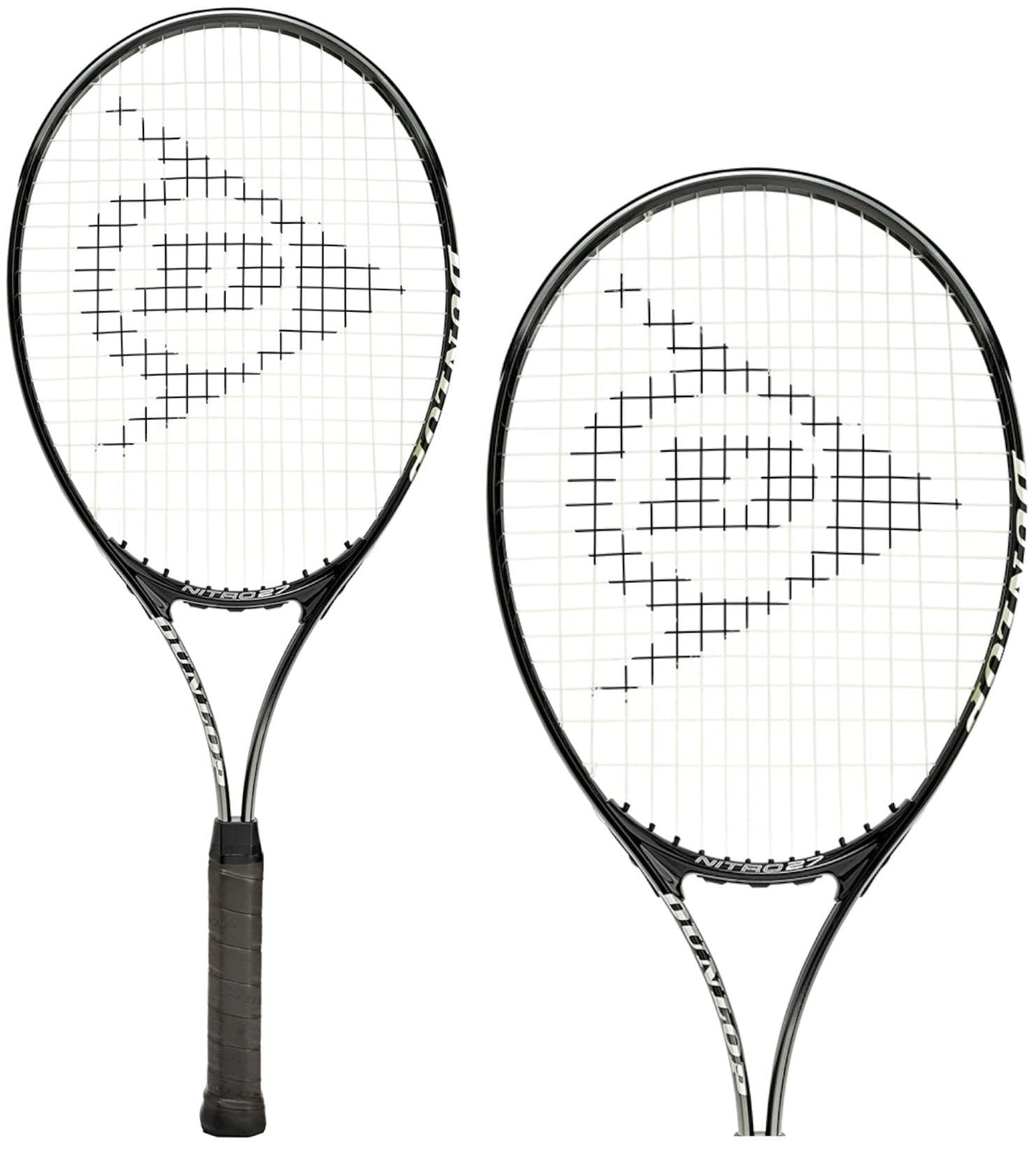 Two Dunlop Nitro 27 Tennis Rackets in black with grid strings, showcasing a triangular logo centrally placed. The "Dunlop" brand name is elegantly printed along the frames. Ideal for beginner adults, these rackets are displayed side by side on a white background.