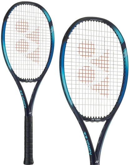 Two Yonex EZONE Game Tennis Rackets in Sky Blue are displayed. Designed for beginner and intermediate players, they feature a blue and black frame with white strings, adorned with the Yonex logo in orange. Positioned at different angles, these rackets highlight their Vibration Dampening Mesh for enhanced playability.