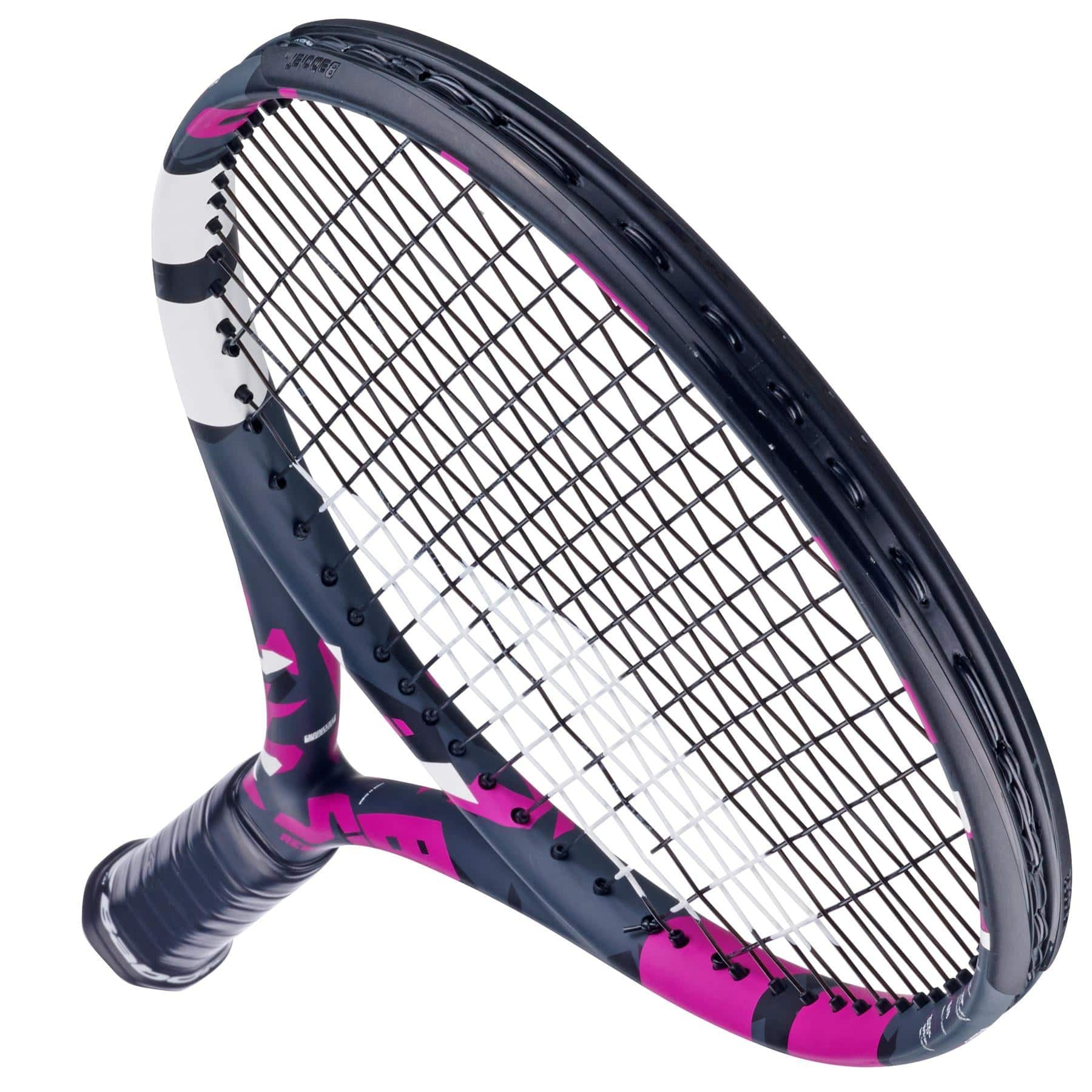 Close-up of the Babolat Boost Aero Pink 260g Tennis Racket (Strung) showcasing a modern design and lightweight graphite construction. The racket features pink and white accents on the frame, with tightly woven strings that enhance performance. A black grip completes the stylishly crafted handle for optimal play.