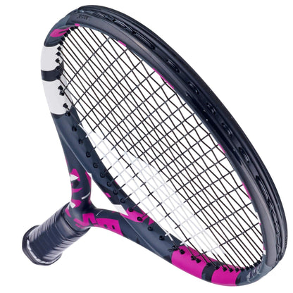 Close-up of the Babolat Boost Aero Pink 260g Tennis Racket (Strung) showcasing a modern design and lightweight graphite construction. The racket features pink and white accents on the frame, with tightly woven strings that enhance performance. A black grip completes the stylishly crafted handle for optimal play.