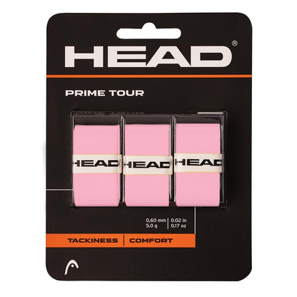 The HEAD Prime Tour Tennis Overgrip (3 Pack) in pink, presented in eye-catching black and orange packaging, prioritizes ultimate tackiness and exceptional comfort, making it ideal for players aiming to boost their court performance.