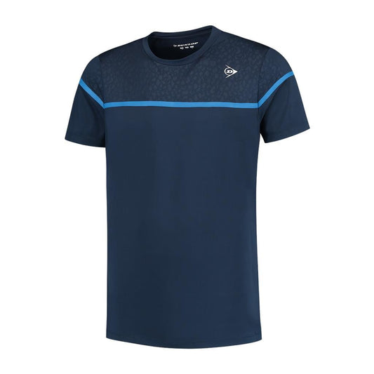 The Dunlop Performance Game 2 Men's Tennis T-Shirt in navy blue features short sleeves and a subtle pattern on the upper chest and shoulders. Made from lightweight, moisture-wicking fabric, it includes a light blue horizontal stripe across the chest and displays a small Dunlop logo on the left side.