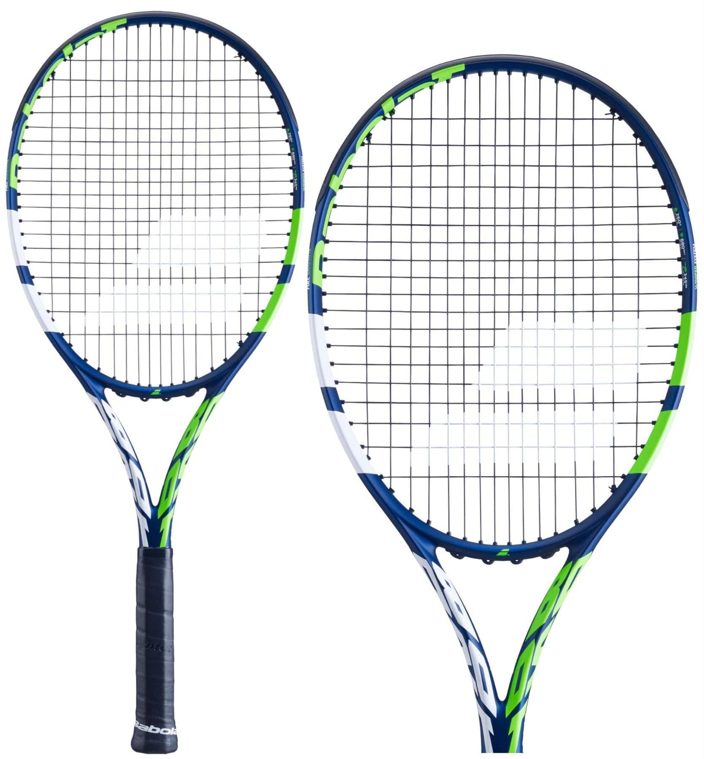 The image features two Babolat Boost Drive Tennis Rackets in blue, green, and white designs set against a white background. One racket is positioned upright while the other is slightly tilted to reveal its graphite construction, emphasizing the strings and frame details enhanced by the Woofer System.