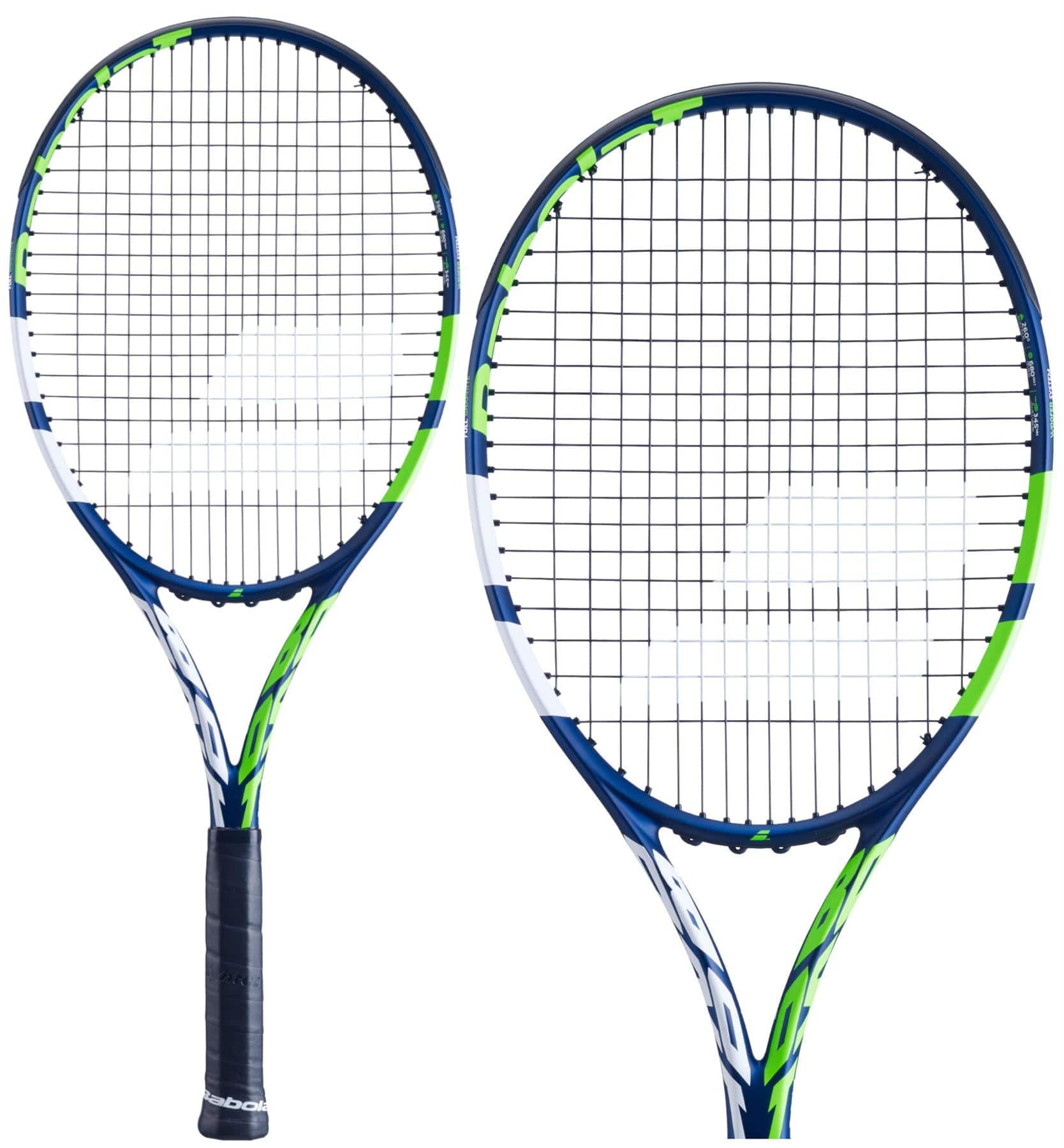 The image features two Babolat Boost Drive Tennis Rackets in blue, green, and white designs set against a white background. One racket is positioned upright while the other is slightly tilted to reveal its graphite construction, emphasizing the strings and frame details enhanced by the Woofer System.
