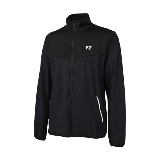 The FZ Forza Bradford Jacket in black is ideal for keeping warm during tournaments. Featuring a high collar and long sleeves, its design includes a small white "FZ" logo on the left chest for a sleek look. Subtle horizontal seams and zippered pockets with white trim enhance its stylish appearance, while the fabric offers a soft and comfortable feel.