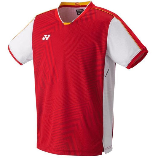 The Yonex 10512 Men's T-Shirt (Team China) in Ruby Red showcases a bold geometric design in red and white. Featuring Air Release technology for optimal comfort, the Yonex logo is prominently displayed on the upper left chest. A V-neck collar enhanced by yellow accents perfectly completes this vibrant athletic look.
