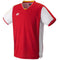 The Yonex 10512 Men's T-Shirt (Team China) in Ruby Red showcases a bold geometric design in red and white. Featuring Air Release technology for optimal comfort, the Yonex logo is prominently displayed on the upper left chest. A V-neck collar enhanced by yellow accents perfectly completes this vibrant athletic look.
