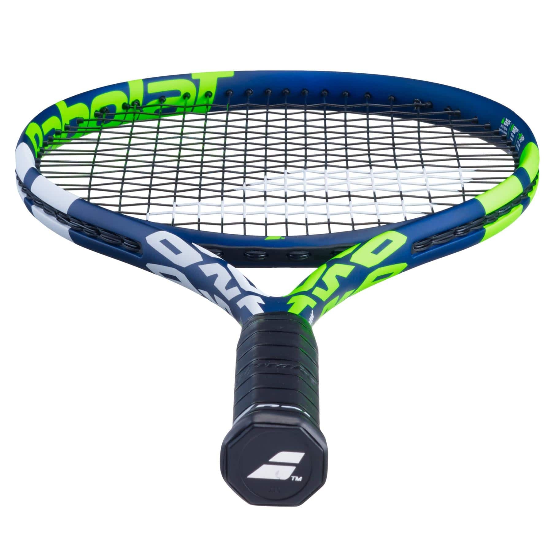 A close-up image of the Babolat Boost Drive Tennis Racket - Blue, viewed from the handle end, showcases its graphite construction with a striking blue frame accented in neon green and white. The strings are visible, and the black grip on the handle prominently displays a Babolat logo on the butt cap, highlighting its advanced Woofer System.