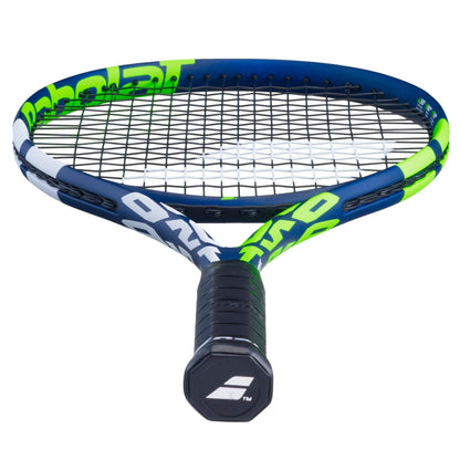 A close-up image of the Babolat Boost Drive Tennis Racket - Blue, viewed from the handle end, showcases its graphite construction with a striking blue frame accented in neon green and white. The strings are visible, and the black grip on the handle prominently displays a Babolat logo on the butt cap, highlighting its advanced Woofer System.
