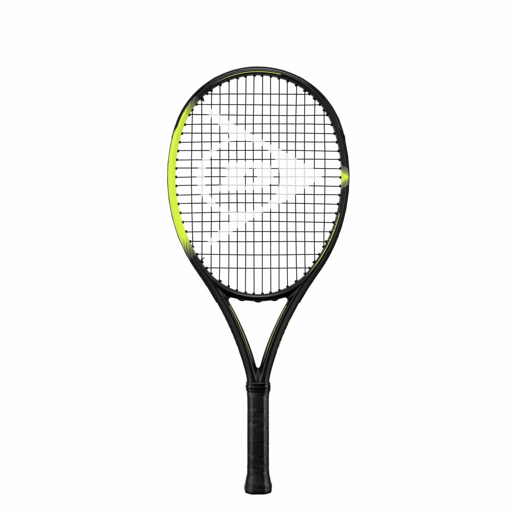 The Dunlop SX 300 Junior 25 Tennis Racket in black and green features a grid-patterned string design, with the textured grip enhancing handling. Constructed from HM6 Carbon, its frame showcases neon green accents, while a subtle logo is centered on the strings.