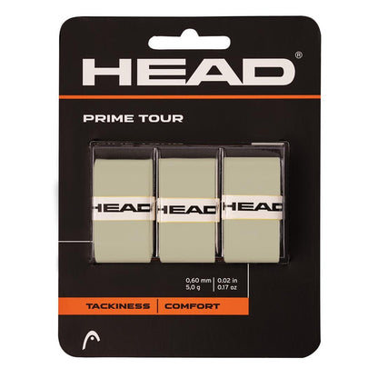 The packaging of the HEAD Prime Tour Tennis Overgrip (3 Pack) - Grey prominently features three rolls in a subtle grey tone, each adorned with the distinctive black HEAD logo. These overgrips offer outstanding tackiness and comfort, measuring just 0.60 mm in thickness and weighing 5.0 grams each, to enhance your tennis experience significantly.