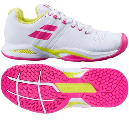 The Babolat Propulse Blast All Court Women's Tennis Shoes, with an elegant white and rose-red design, feature eye-catching details and showcase side accents. Highlighted by a textured pink Michelin Premium Tennis Sole on the bottom, these shoes beautifully blend mesh with solid materials.