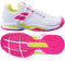 The Babolat Propulse Blast All Court Women's Tennis Shoes, with an elegant white and rose-red design, feature eye-catching details and showcase side accents. Highlighted by a textured pink Michelin Premium Tennis Sole on the bottom, these shoes beautifully blend mesh with solid materials.