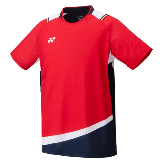The Yonex 10489 Men's Shirt in Ruby Red is a sports jersey adorned with navy and white accents. This shirt features short sleeves and a crew neck design, highlighted by a diagonal white stripe near the bottom and a prominent white logo on the chest. It is crafted with Yonex's VERY COOL TECHNOLOGY to ensure maximum comfort during intense activities.