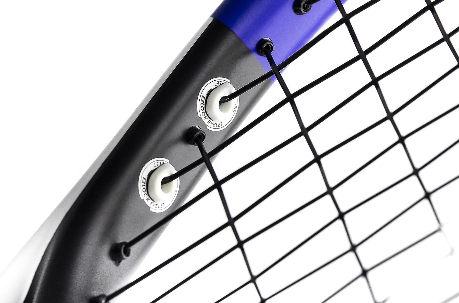 Close-up of the Tecnifibre TFit 280 Power 2021 Tennis Racket's string bed and frame, highlighting the intricate black strings and a sleek black and white design with two circular grommets, ideal for intermediate players seeking power and control.