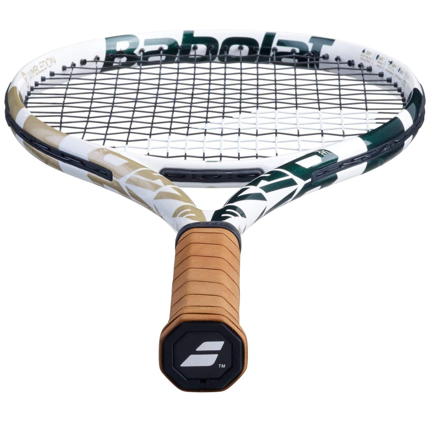 Close-up of a Babolat Pure Drive Team Tennis Racket - Wimbledon (Frame Only) with a white, green, and gold color scheme. The handle is wrapped in a tan grip, and the frame, enhanced by SWX Pure Feel technology, features interwoven strings. The Babolat logo is visible on both the frame and the butt cap.