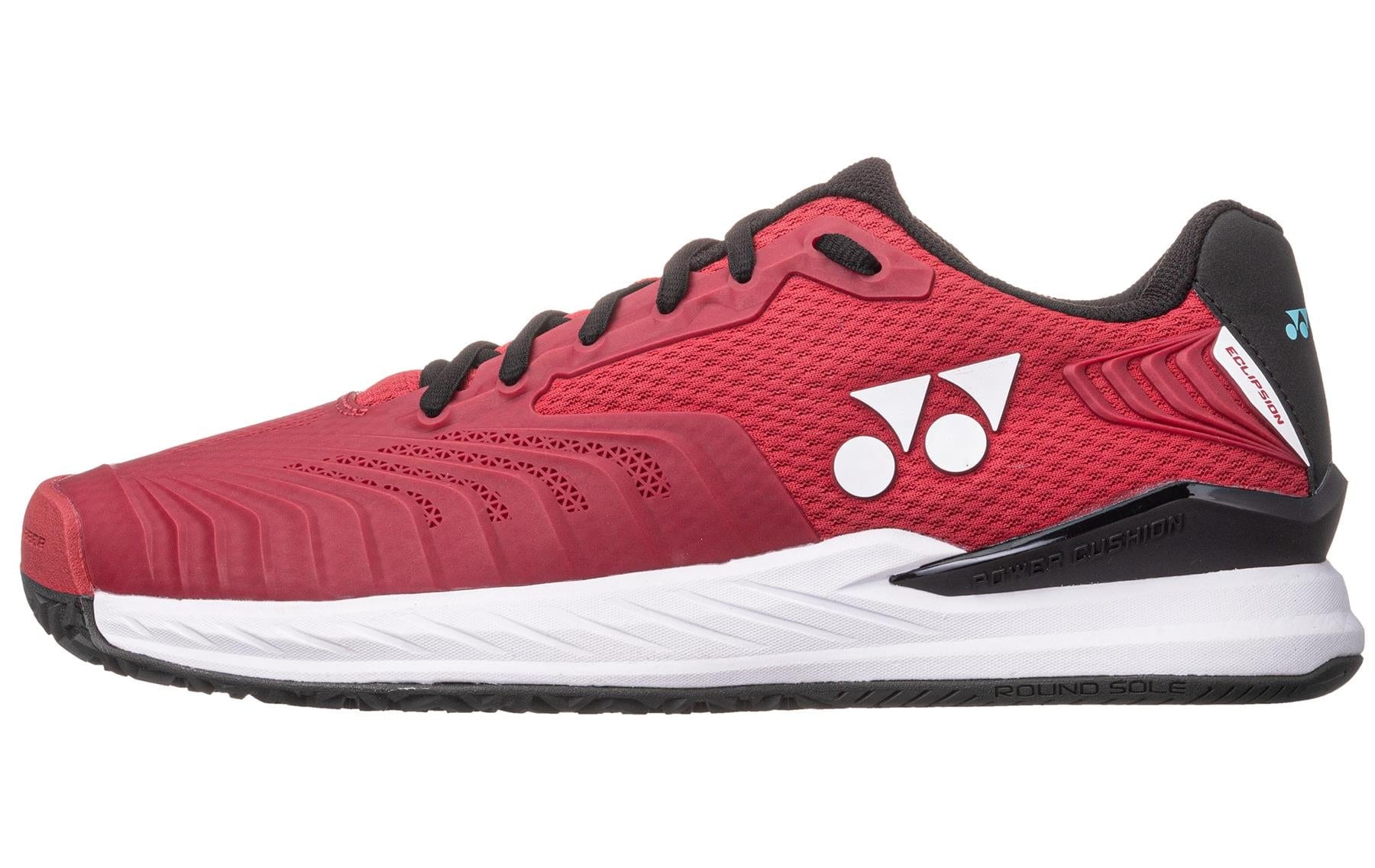Introducing the Yonex Power Cushion Eclipsion 4 All Court Mens Tennis Shoes in Wine Red. This sleek design exudes style with black accents and a white sole, mirroring the dynamic look of premium tennis footwear. It boasts a distinctive Yonex logo on the side and includes textured detailing for enhanced flair, ensuring both fashion and function on or off the court.