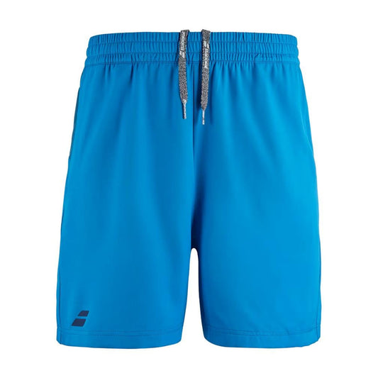 Introducing the Babolat Play Men's Tennis Shorts in Blue Aster, designed for optimal movement with 360 Motion technology. These shorts feature an elastic waistband with drawstrings and a small Babolat logo on the lower left side.