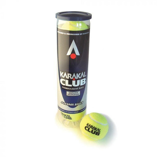 Opening the tube of Karakal Club Tournament Pressurised Tennis Balls reveals four vibrant yellow balls inside. One ball sits outside, adjacent to the sleek black packaging that is decorated with striking white and red text—ideal for any club tournament.