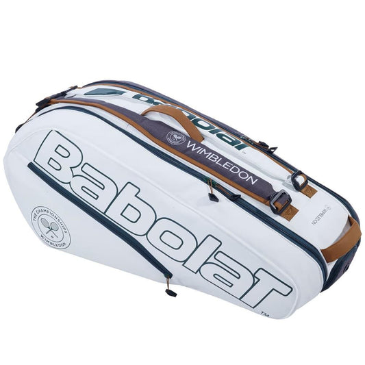 A white and grey Babolat RH6 Pure Wimbledon 6 Racket Tennis Bag, showcasing the iconic Wimbledon branding and official logo. This fashionable bag provides multiple compartments, including an insulated compartment, and durable handles for easy transportation of all your tennis gear.
