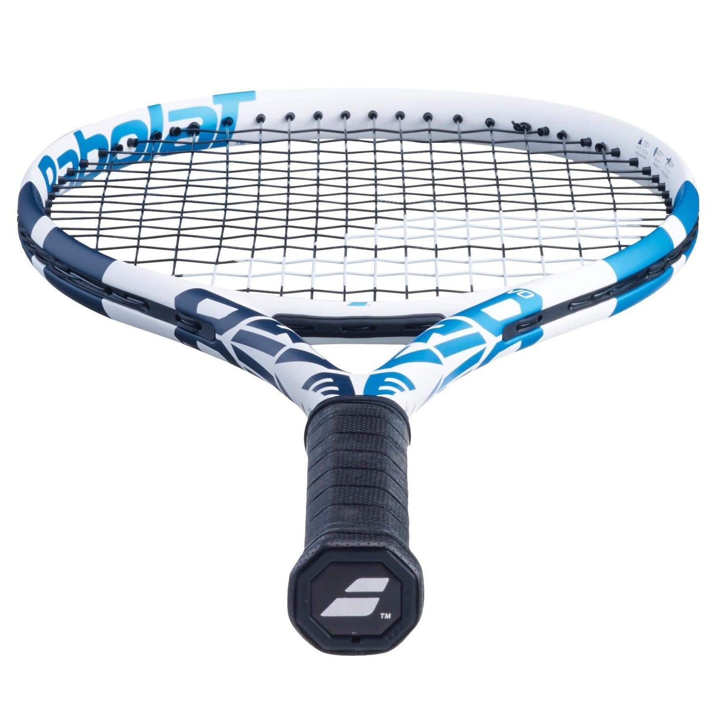 A close-up image of the Babolat Evo Drive Tennis Racket - White (Strung) reveals its blue and white frame with black strings. The handle is black with a logo on the butt cap, making it appealing to intermediate players. The Babolat brand name is partially visible on the frame.
