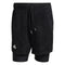 The adidas Melbourne 2in1 Mens 7 Inch Tennis Shorts in black boast a subtle camo pattern and are crafted with a double-layer design. The outer mesh shorts include an elastic waistband with a drawstring, while the inner layer offers additional coverage. A small adidas logo is prominently displayed near the left hem.
