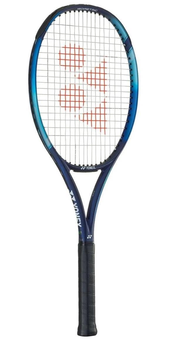 The Yonex EZONE Sonic Tennis Racket - Sky Blue showcases a sky blue and black frame with tensioned strings that feature a striking red geometric design. The handle is wrapped in black grip tape, and the brand name, Yonex, is prominently displayed on the throat of the frame. It boasts HM graphite construction with innovative isometric technology.