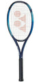 The Yonex EZONE Sonic Tennis Racket - Sky Blue showcases a sky blue and black frame with tensioned strings that feature a striking red geometric design. The handle is wrapped in black grip tape, and the brand name, Yonex, is prominently displayed on the throat of the frame. It boasts HM graphite construction with innovative isometric technology.