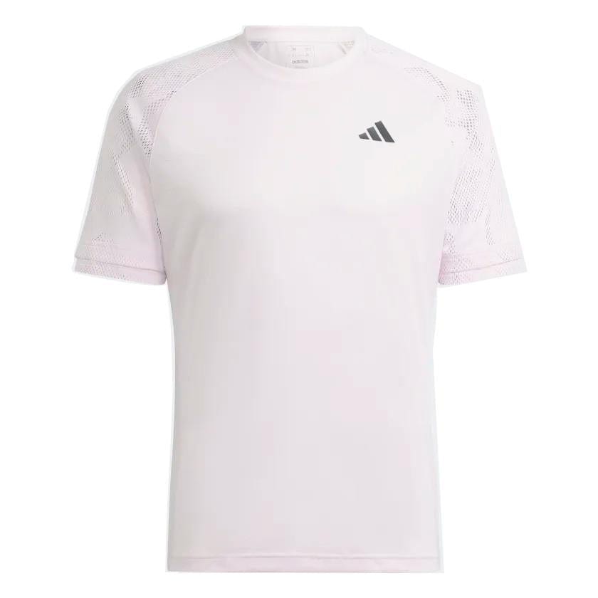 Introducing the adidas Melbourne Men's Raglan Tennis T-Shirt in Clear Pink: a stylish athletic tee boasting short sleeves and a subtle gray geometric pattern on the shoulders. Made from recycled materials, this shirt includes HEAT.RDY technology for maximum comfort and features a small black logo on the left chest.