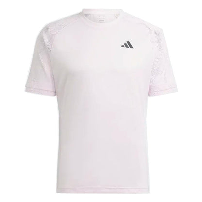 Introducing the adidas Melbourne Men's Raglan Tennis T-Shirt in Clear Pink: a stylish athletic tee boasting short sleeves and a subtle gray geometric pattern on the shoulders. Made from recycled materials, this shirt includes HEAT.RDY technology for maximum comfort and features a small black logo on the left chest.
