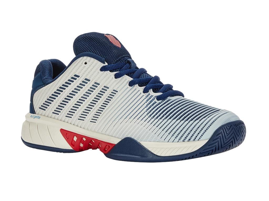 The K-Swiss Hypercourt Express 2 Men's Tennis Shoes in White, Blue Opal, and Lollipop incorporate Surgelite midsole technology and are designed with a textured upper and patterned sole for peak sports performance.