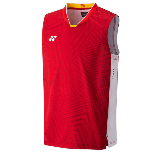 The Yonex 10513 Men's Sleeveless Shirt (Team China) in Ruby Red features geometric patterns, a small chest logo, and grey side panels. Enhanced with Air Release Technology, this stylish shirt includes a collar with a yellow inner lining for exceptional comfort and ventilation.