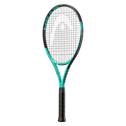 The HEAD IG Challenge MP Tennis Racket - Mint showcases a sleek frame crafted with Graphite Construction, highlighted by its mint color. It features performance-driven strings and is completed with black grip tape on the handle, making it perfect for modern tennis enthusiasts who value both precision and style.