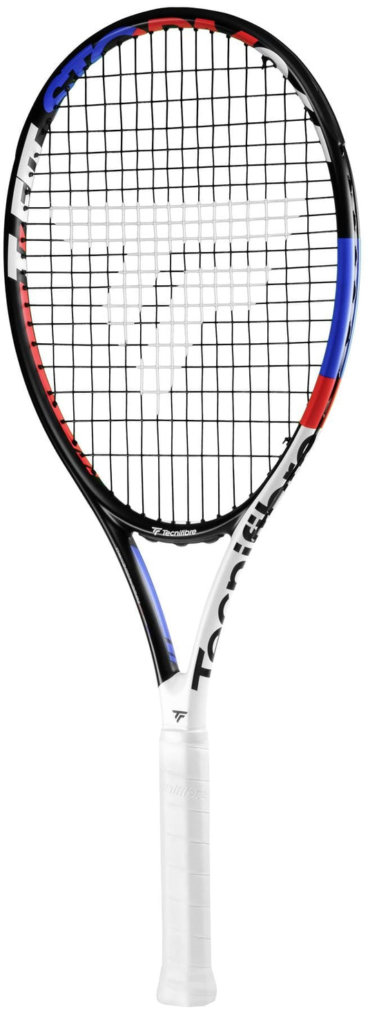 The Tecnifibre TFit 265 Storm 2021 Tennis Racket is an affordable option featuring a black and white frame with red and blue accents. The strings are arranged in a grid pattern, and the handle is wrapped with white grip tape. Ideal for beginners, the Tecnifibre brand name is prominently displayed on the racket's frame.