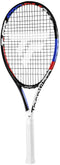The Tecnifibre TFit 265 Storm 2021 Tennis Racket is an affordable option featuring a black and white frame with red and blue accents. The strings are arranged in a grid pattern, and the handle is wrapped with white grip tape. Ideal for beginners, the Tecnifibre brand name is prominently displayed on the racket's frame.