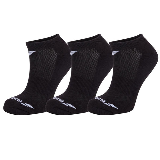 A set of three pairs of Babolat Invisible Trainer Socks in black, featuring ventilated zones and white logos on the cuffs and toes, is displayed in a row against a white background.