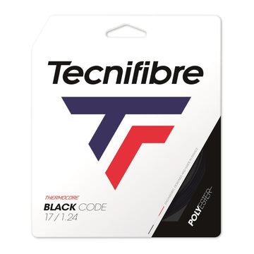 The packaging for the Tecnifibre Black Code 12m Tennis String Set in black features a distinctive stylized "TF" logo in blue and red. It prominently displays the text "Thermocore Black Code 17/1.24," highlighting the advanced Thermocore technology and durable polyester material designed to deliver top performance.