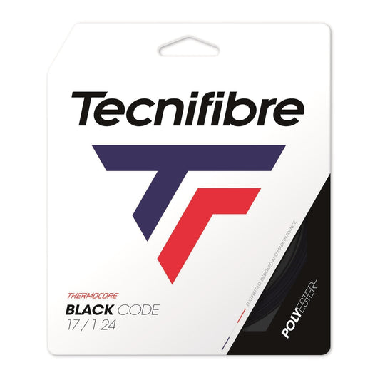 The packaging for the Tecnifibre Black Code 12m Tennis String Set in black features a distinctive stylized "TF" logo in blue and red. It prominently displays the text "Thermocore Black Code 17/1.24," highlighting the advanced Thermocore technology and durable polyester material designed to deliver top performance.