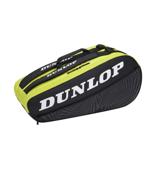 The Dunlop SX-Club 10 Racket Tennis Bag - Black / Yellow features striking black and bright yellow design with prominent white branding on the sides and top. It is equipped with multiple zippered compartments to securely hold rackets, and includes two robust carrying handles for easy transport.