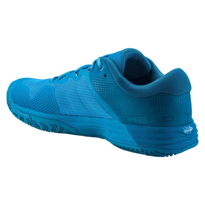 Introducing the HEAD Revolt EVO 2.0 Men's Wide Fit Tennis Shoes in Blue: These athletic shoes feature a textured surface and lace-up design, complemented by cushioning for enhanced comfort. The sturdy, grooved sole offers superior traction, while subtle branding on the side and heel ensures both style and breathability.