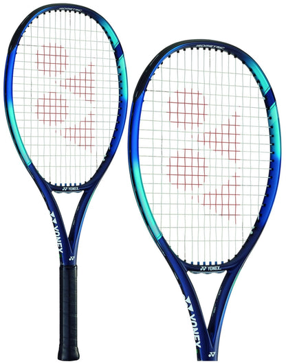 Two Yonex EZONE 26 tennis rackets in Sky Blue are displayed, showcasing a blue and green gradient on the all-graphite frame with white strings. The Yonex logo is prominently visible on both the strings and frame, enhanced with Vibration Dampening Mesh for increased comfort.