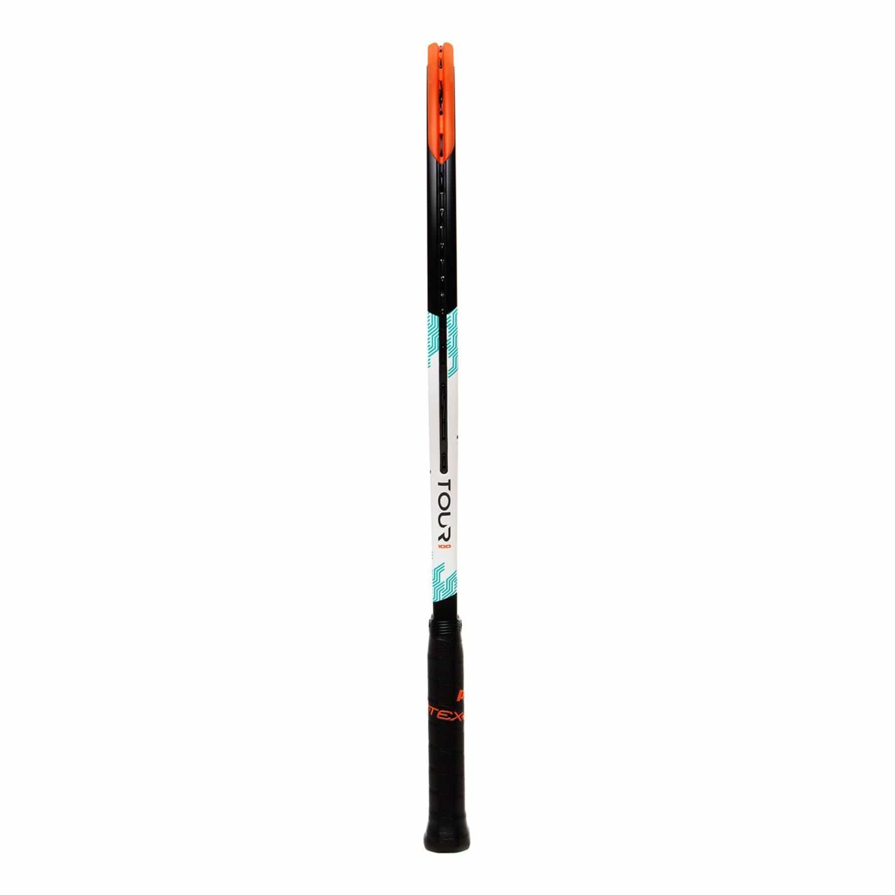 A sleek Prince Tour 100 310g tennis racket from Prince, featuring a TeXtreme-enhanced design with a black grip and an orange frame. The word "Tour" is elegantly printed vertically on the shaft, adding a touch of sophistication to its appearance.