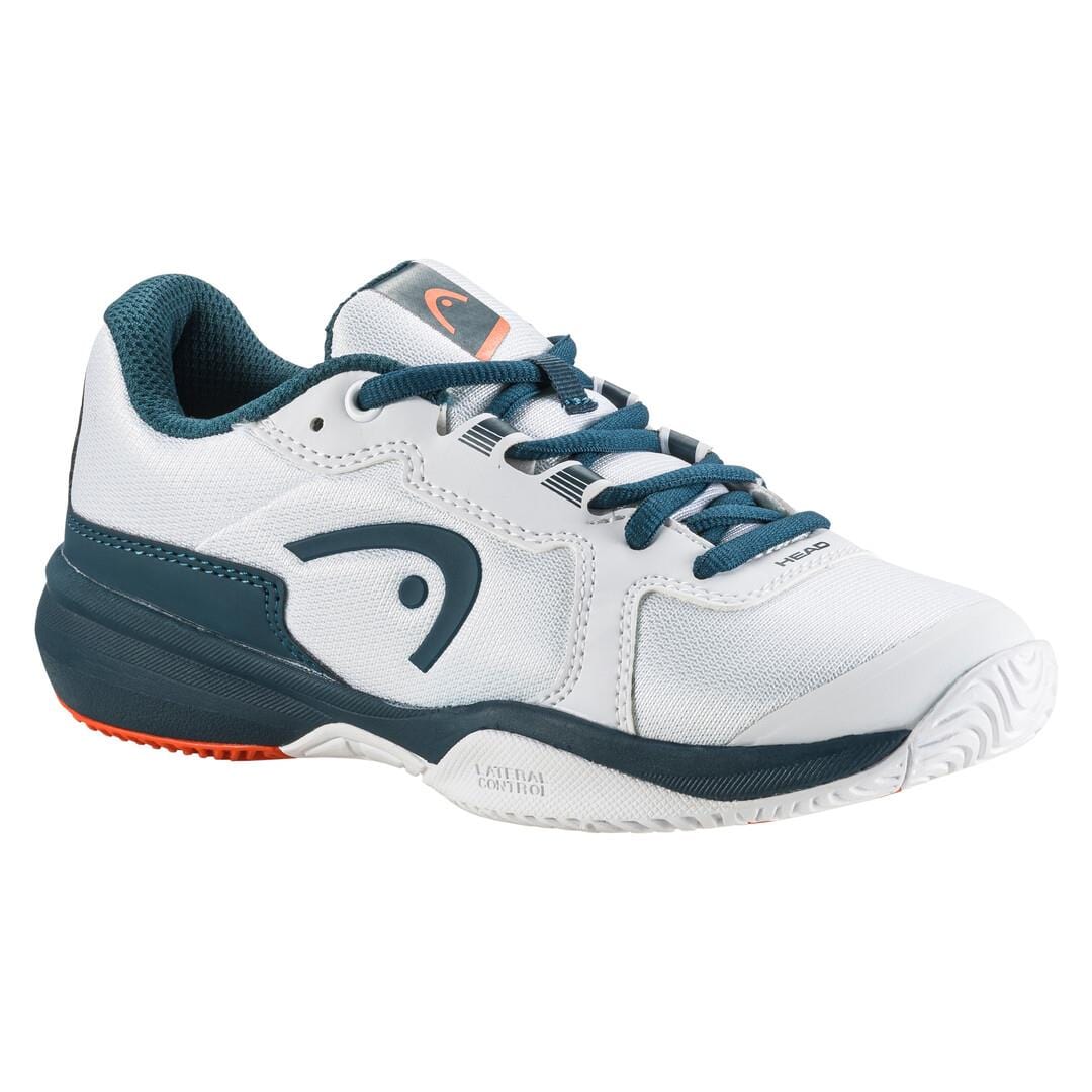 Introducing the HEAD Sprint 3.5 Junior Tennis Shoes in White/Orange. Designed for junior tennis players, these shoes feature a stylish curved design on the side with striking dark teal accents and matching laces. Made from breathable mesh, they ensure comfort during play, while the textured sole provides excellent grip. An eye-catching orange detail highlights the heel part of the sole, making them not only functional but also fashionable on the court.